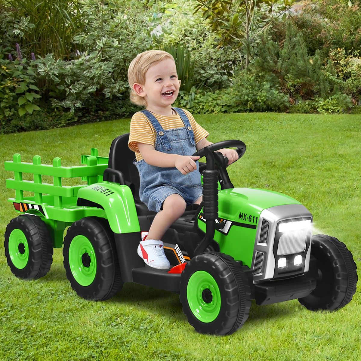 Tracteur Electrique avec Remorque pour Enfants 3 Vitesses Lumières LED Fonctions o USB et Bluetooth Jaune/Rose/Rouge/Vert/Vert Foncé/Noir -