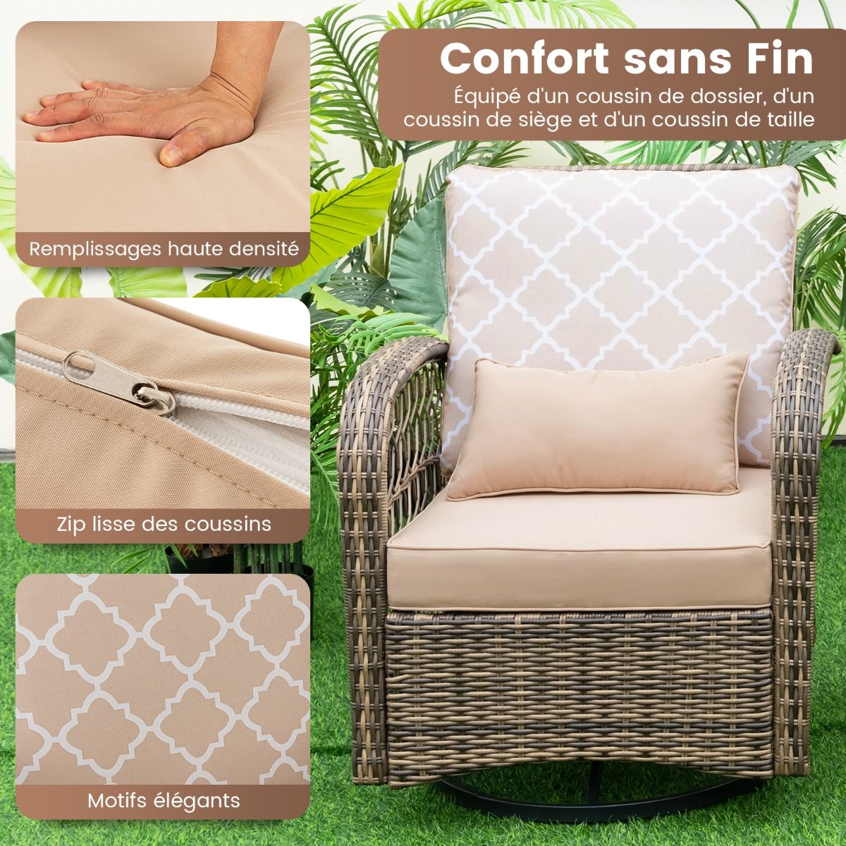 Salon de Jardin Extrieur 3PCS - 2 en Fauteuils  Bascule Pivotant  360掳Rotin PE Cadre Mtal our Terrasse Balcon -