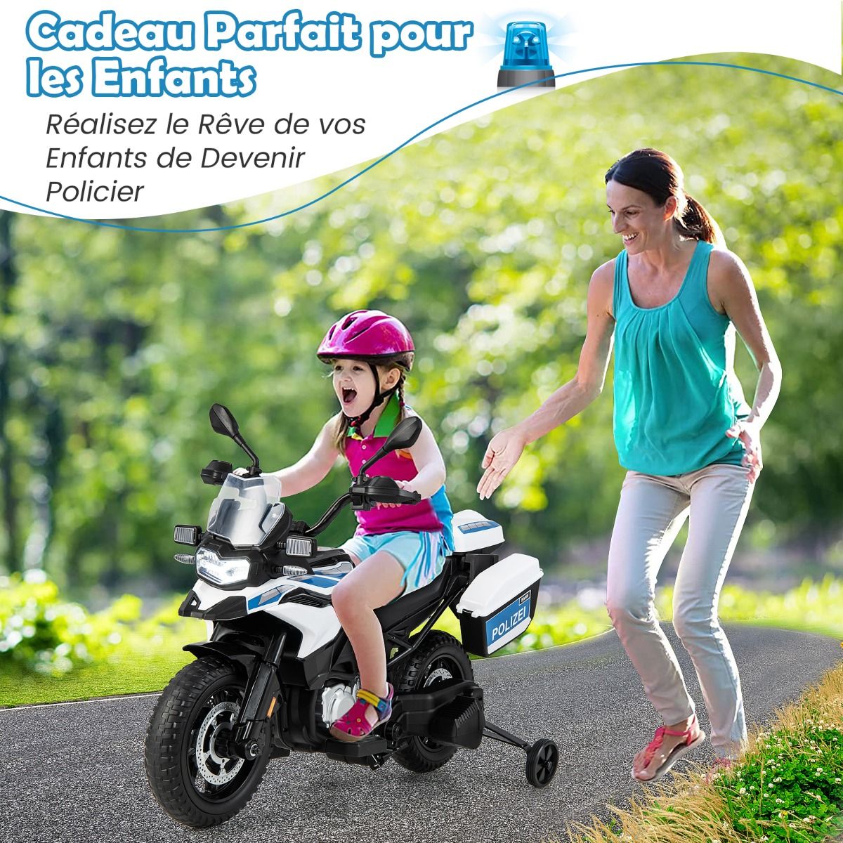 Moto lectrique 12V/7AH pour Enfants 6km/h Modle Policier avec Klaxon Musique Sirne Phares pour 3-8 Ans -