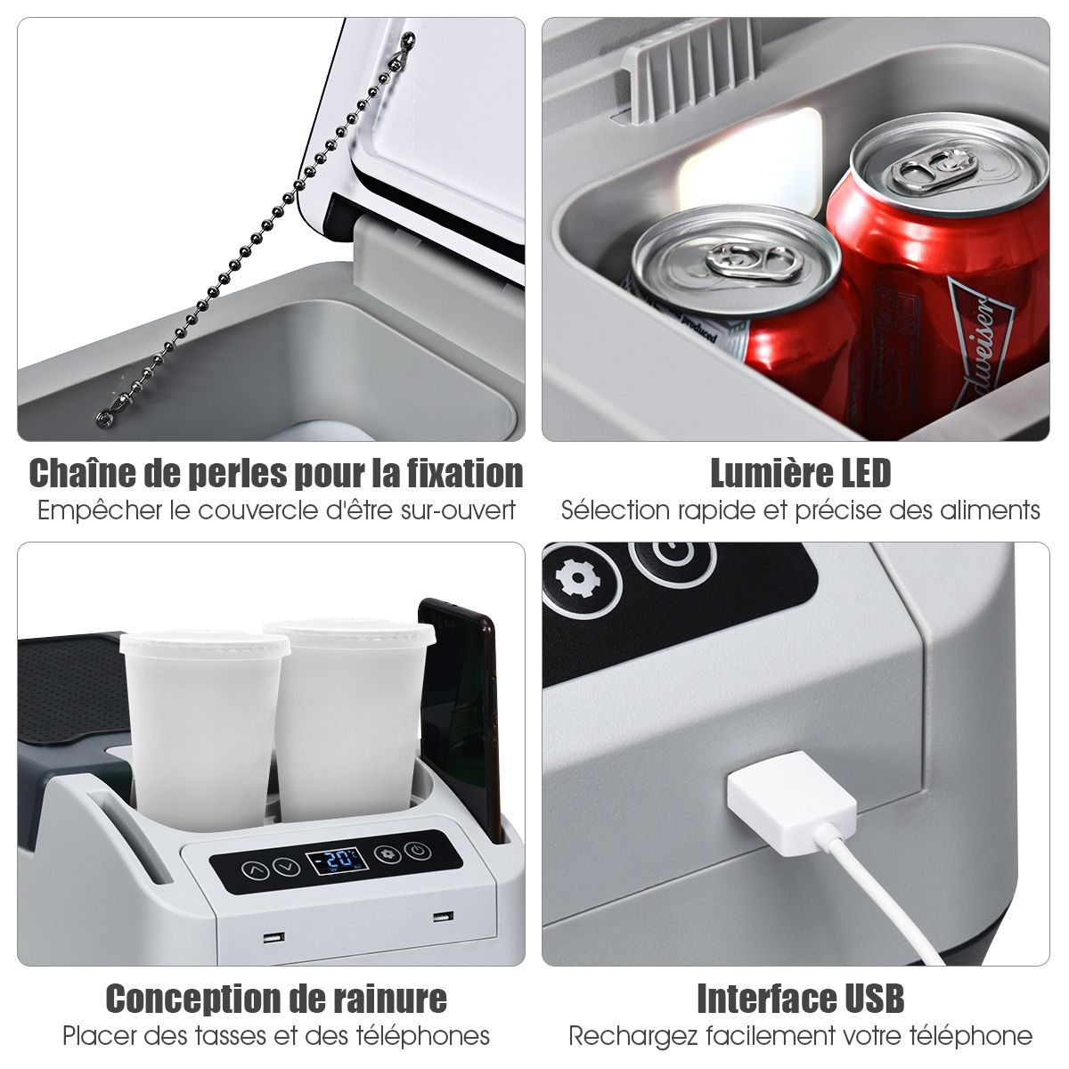 Rfrigrateur Conglateur de Voiture 12L Portable Compresseur -20掳C  +10掳C Ampoules LED 2 Porte-gobelets 23x53x36cm -