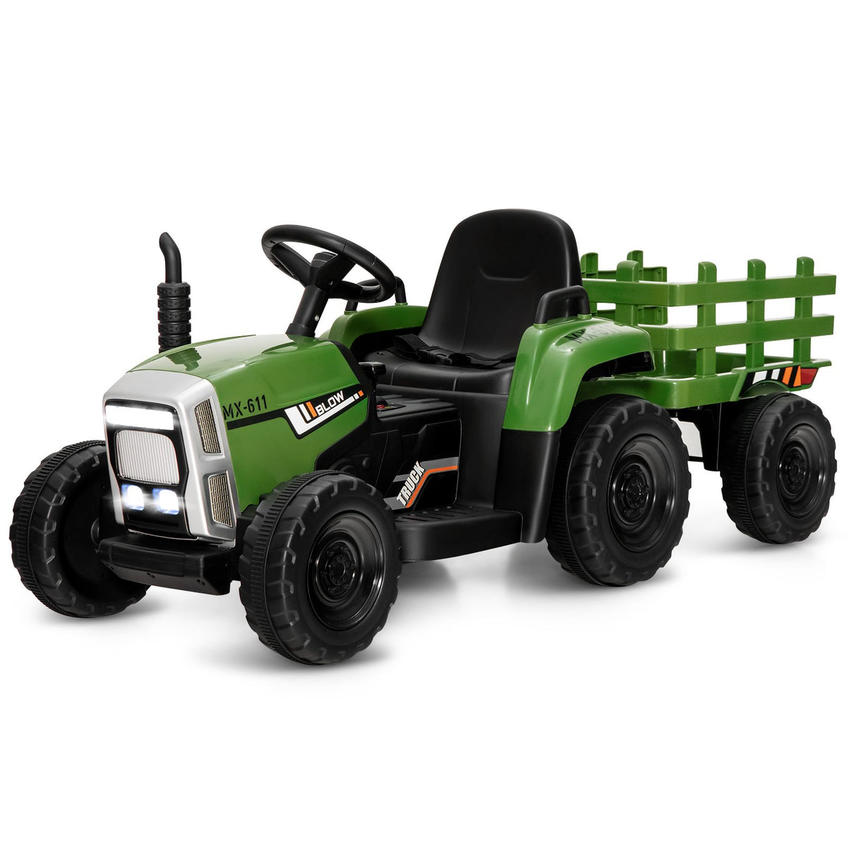 Tracteur Electrique avec Remorque pour Enfants 3 Vitesses Lumières LED Fonctions o USB et Bluetooth Jaune/Rose/Rouge/Vert/Vert Foncé/Noir -