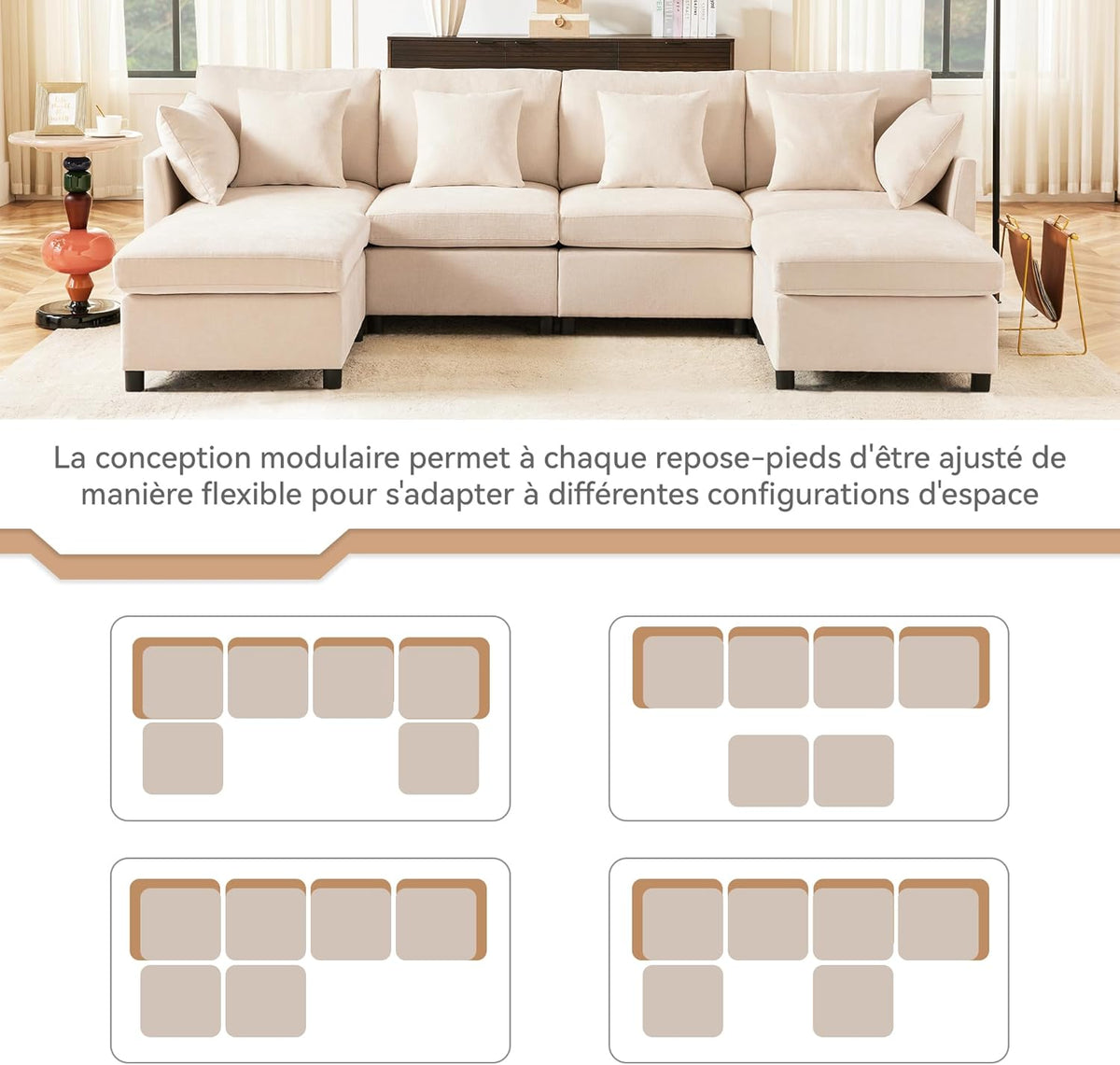 Seyakany Canapé d'angle Convertible,canapé Convertible 4 Places,en Tissu Chenille avec Repose-Pieds Amovible,canapé Quatre Places en L en U,adapté à la Maison,au Salon,à l'appartement