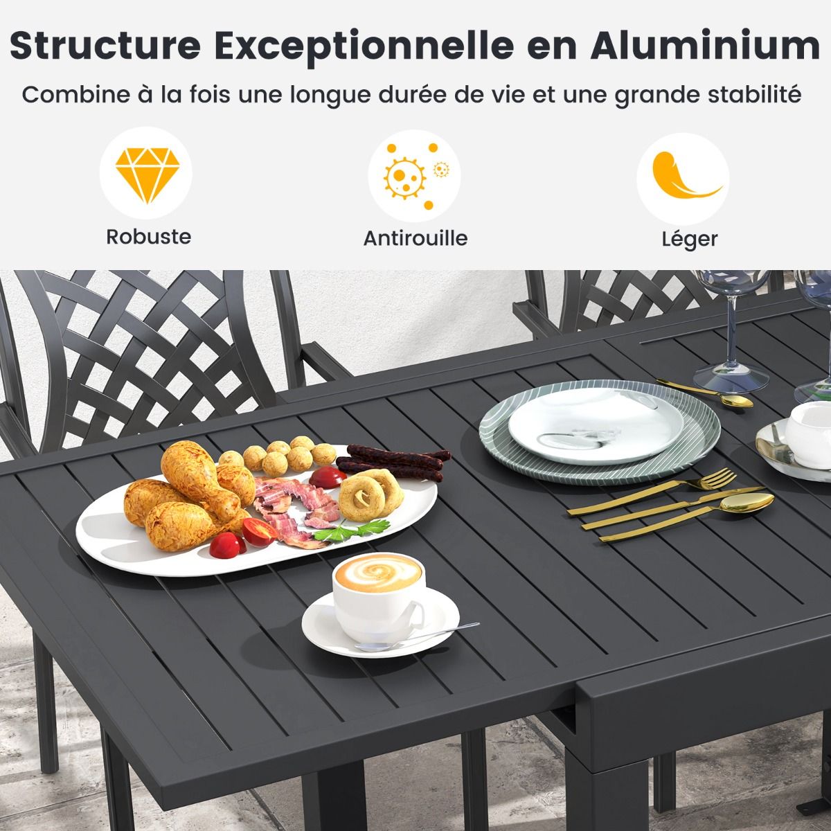 Table de Jardin Extensible en Aluminium Ajustable de 80 à 160 CM Table à Manger Extérieure Plateau à Lattes pour 4-6 Personnes Gris Foncé -