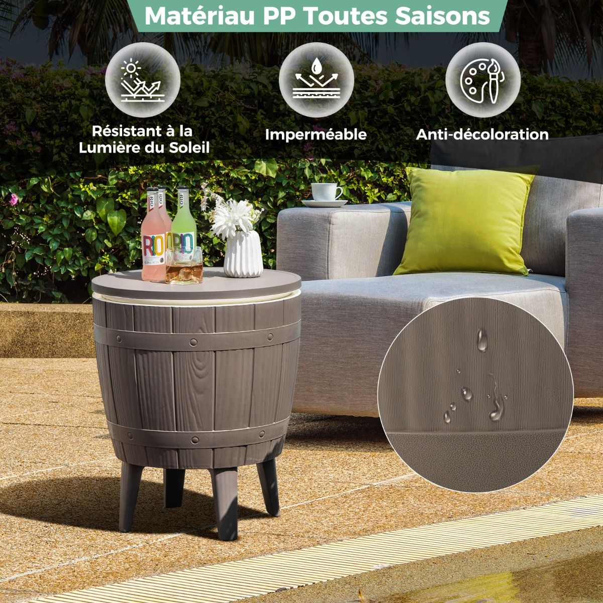 Table Glacière 37L pour Jardin 3 en 1 avec Plateau Télescopique Seau à Glace d'Extérieur pour Cocktails Bière Ø48x58/83cm Marron+Blanc -