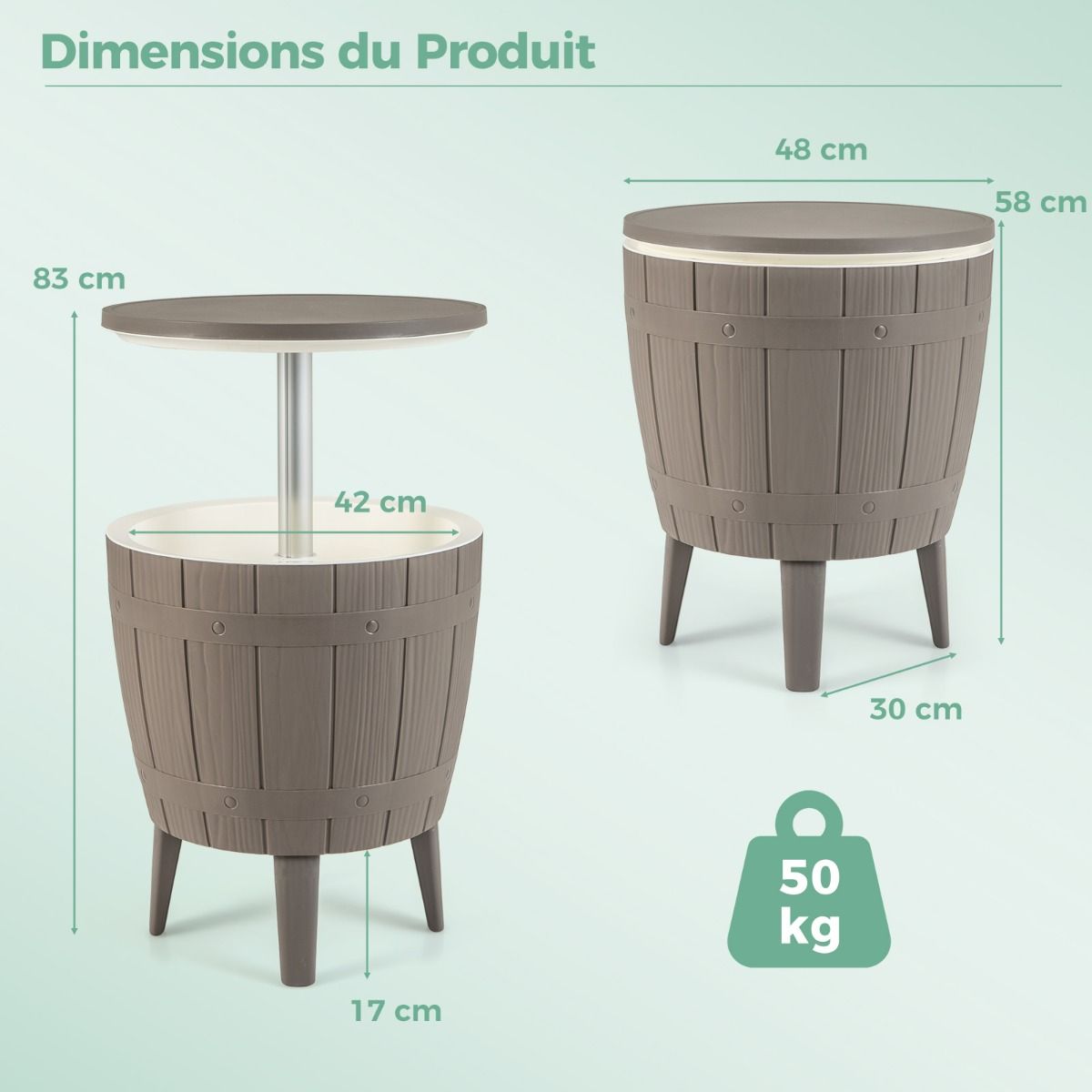 Table Glacire 37L pour Jardin 3 en 1 avec Plateau Tlescopique Seau  Glace d'Extrieur pour Cocktails Bire 脴48x58/83cm Marron+Blanc -