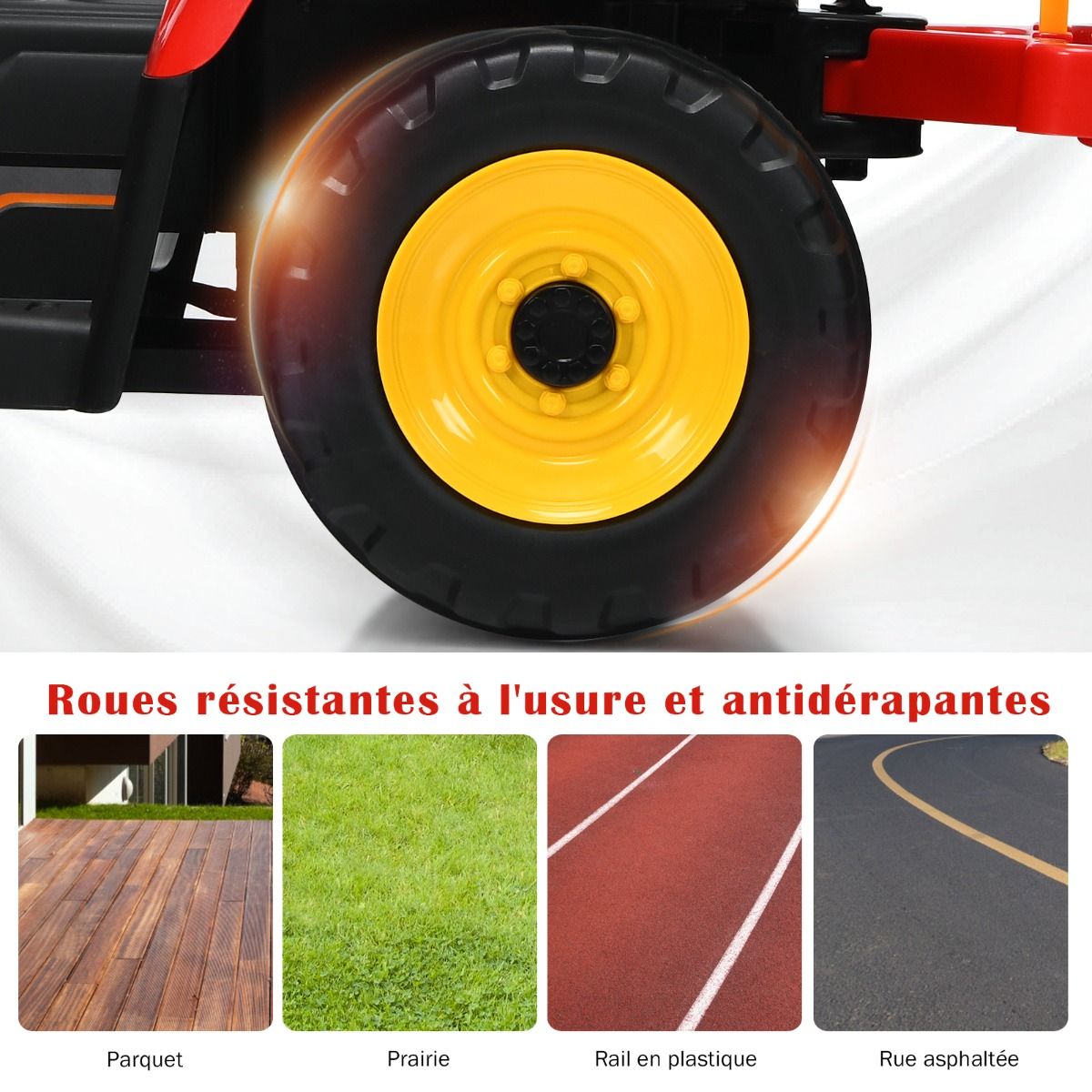 Tracteur Electrique avec Remorque pour Enfants 3 Vitesses Lumières LED Fonctions o USB et Bluetooth Jaune/Rose/Rouge/Vert/Vert Foncé/Noir -