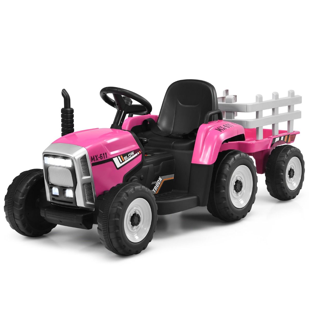 Tracteur Electrique avec Remorque pour Enfants 3 Vitesses Lumires LED Fonctions o USB et Bluetooth Jaune/Rose/Rouge/Vert/Vert Fonc/Noir -