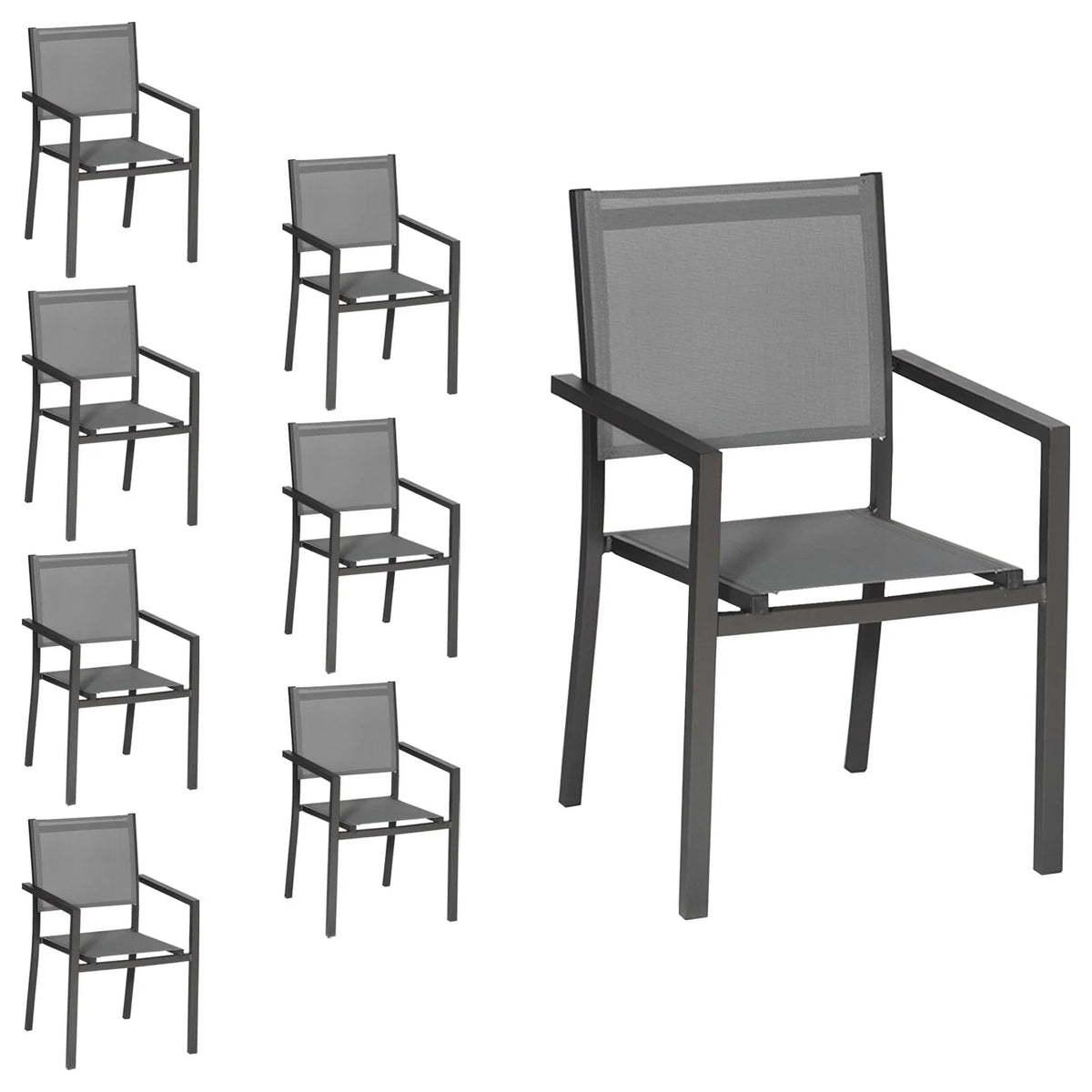 Lot de 8 chaises en aluminium anthracite - textilne gris -