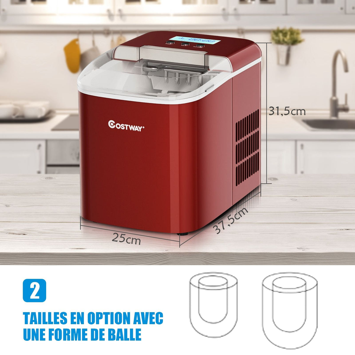 Machine  Glaons 12KG/24H 2 Tailles de Glaons 2,1L Rservoir 9pcs en 7 Minutes Pelle Panier Amovible Comptoir Maison Rouge -