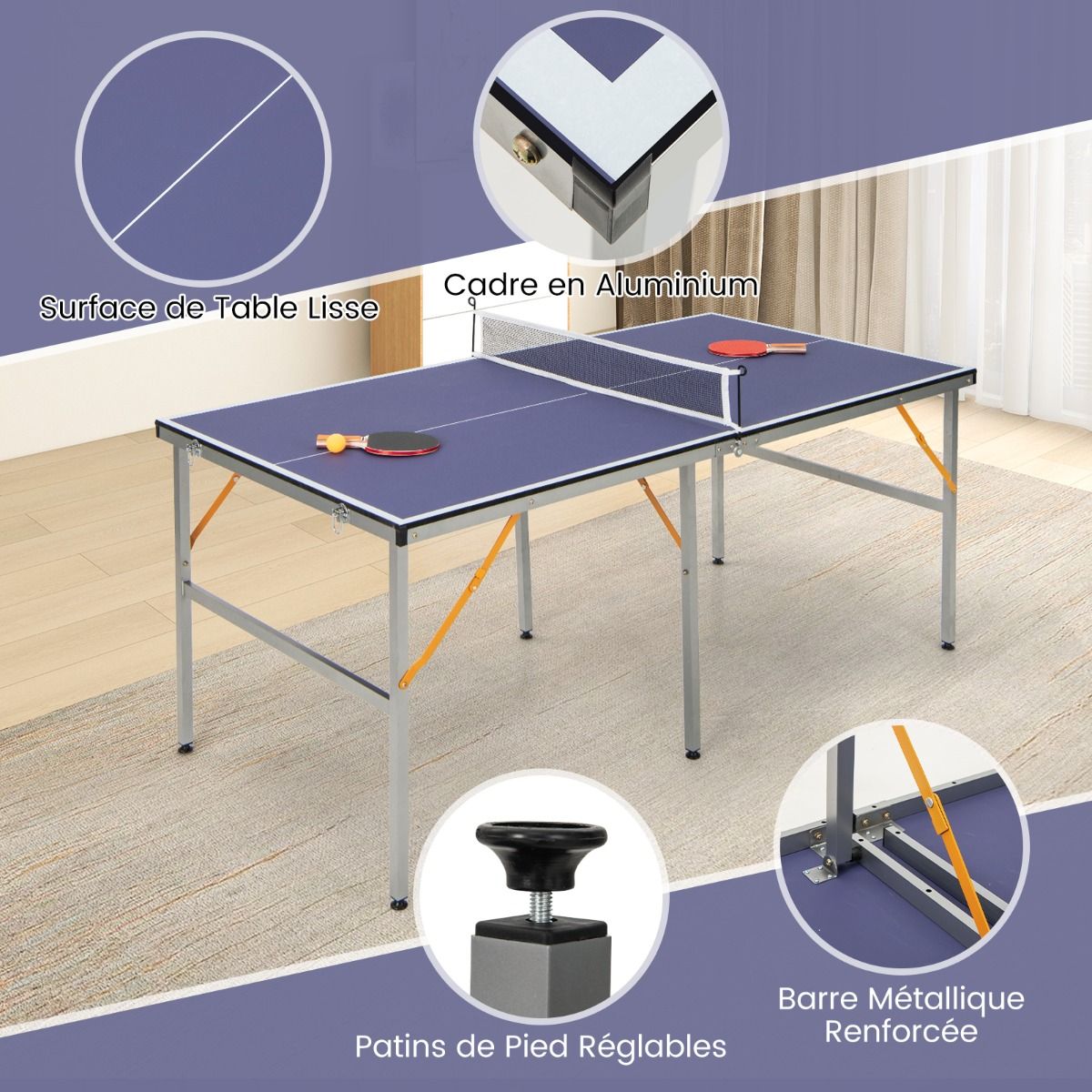 Table de Ping-Pong Pliable Peu Encombrante avec Filet Tennis de Table avec 2 Raquettes 3 Balle Pieds Rglables 180 x 90 x 76 cm -