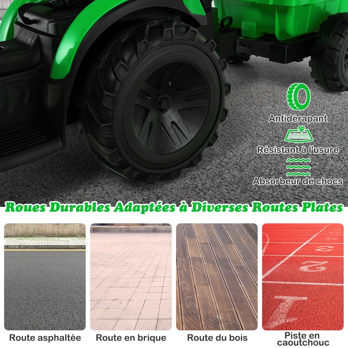 Tracteur Electrique 12 V pour Enfants 3-5 km/h Tlcommande MP3 USB Vert/Jaune -
