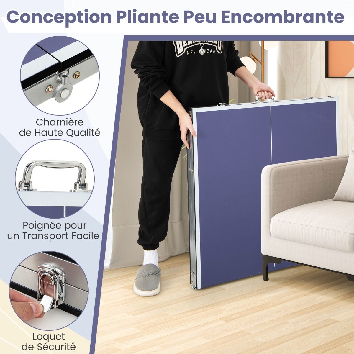 Table de Ping-Pong Pliable Peu Encombrante avec Filet Tennis de Table avec 2 Raquettes 3 Balle Pieds Réglables 180 x 90 x 76 cm -