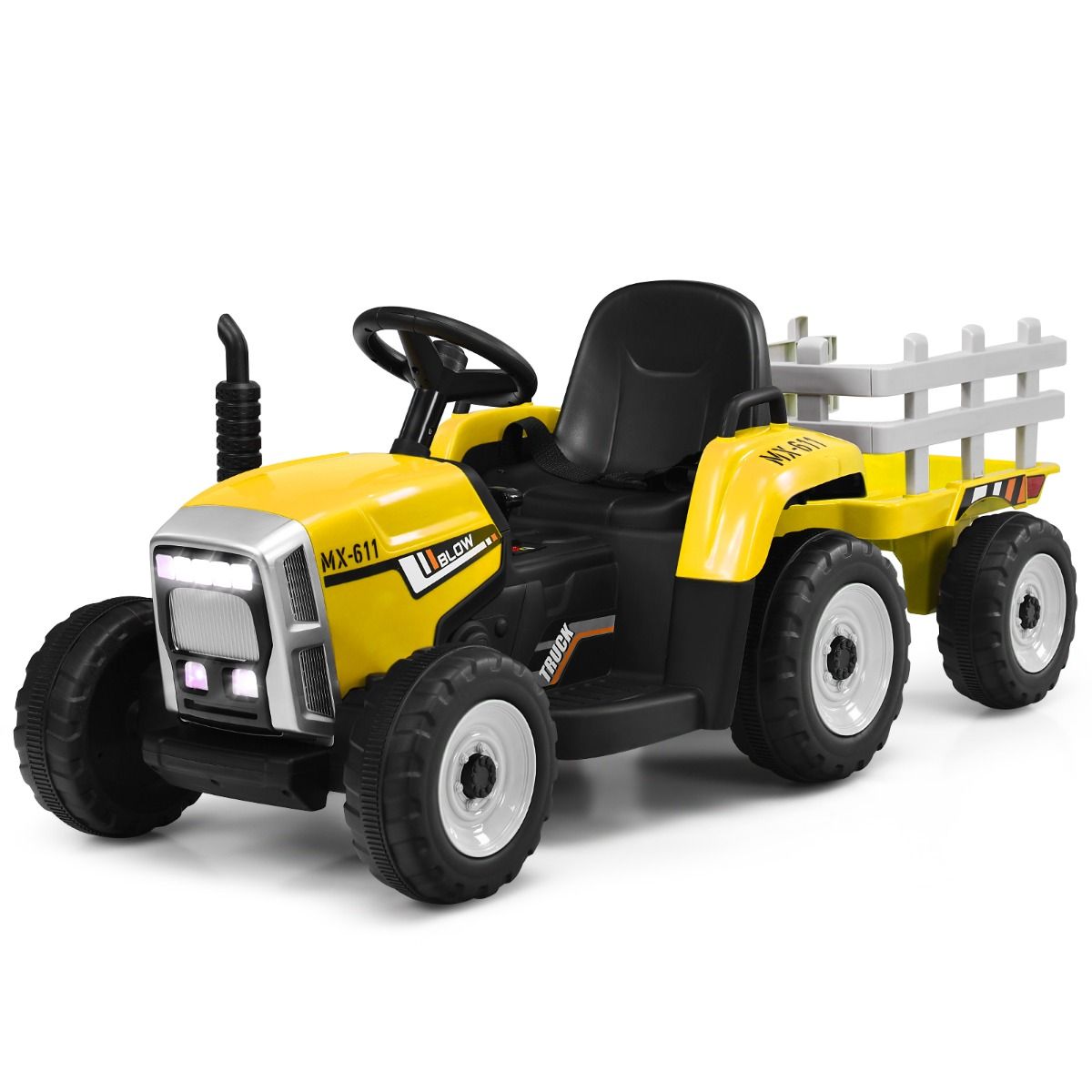 Tracteur Electrique avec Remorque pour Enfants 3 Vitesses Lumières LED Fonctions o USB et Bluetooth Jaune/Rose/Rouge/Vert/Vert Foncé/Noir -