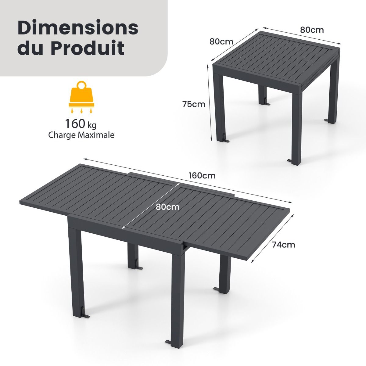 Table de Jardin Extensible en Aluminium Ajustable de 80  160 CM Table  Manger Extrieure Plateau  Lattes pour 4-6 Personnes Gris Fonc -