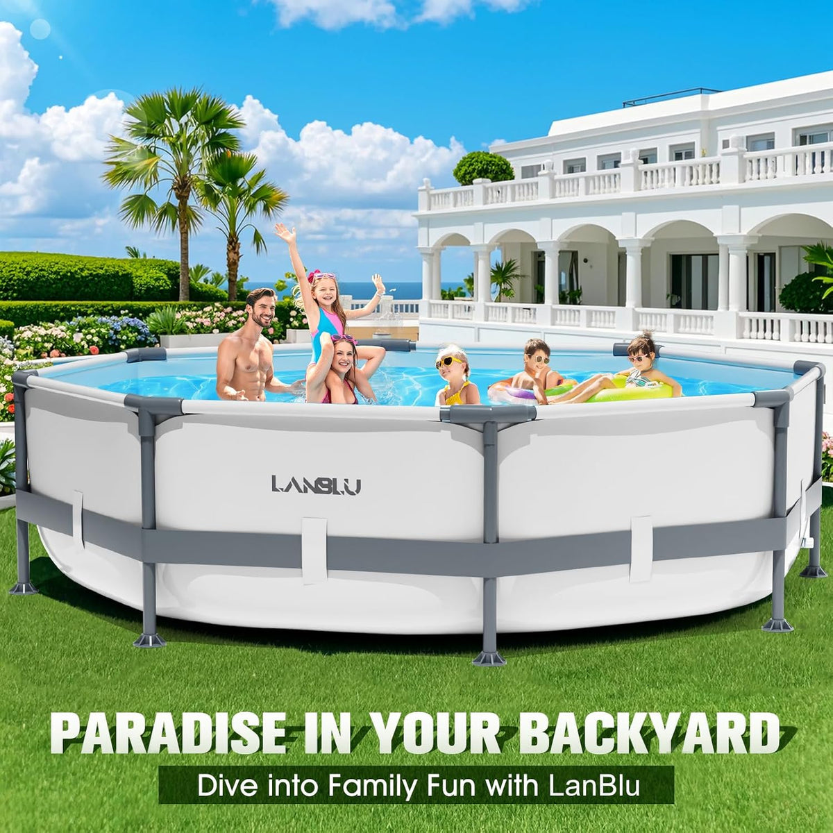 Piscine Tubulaire Ronde 300 x 300 x 76cm,Piscine Hors Sol Ronde avec Matériau Anti-Crevaison,Grande Piscines Steel Frame Adulte Vidange Rapide,Piscines Tubulaire Jardin pour Toute la Famille