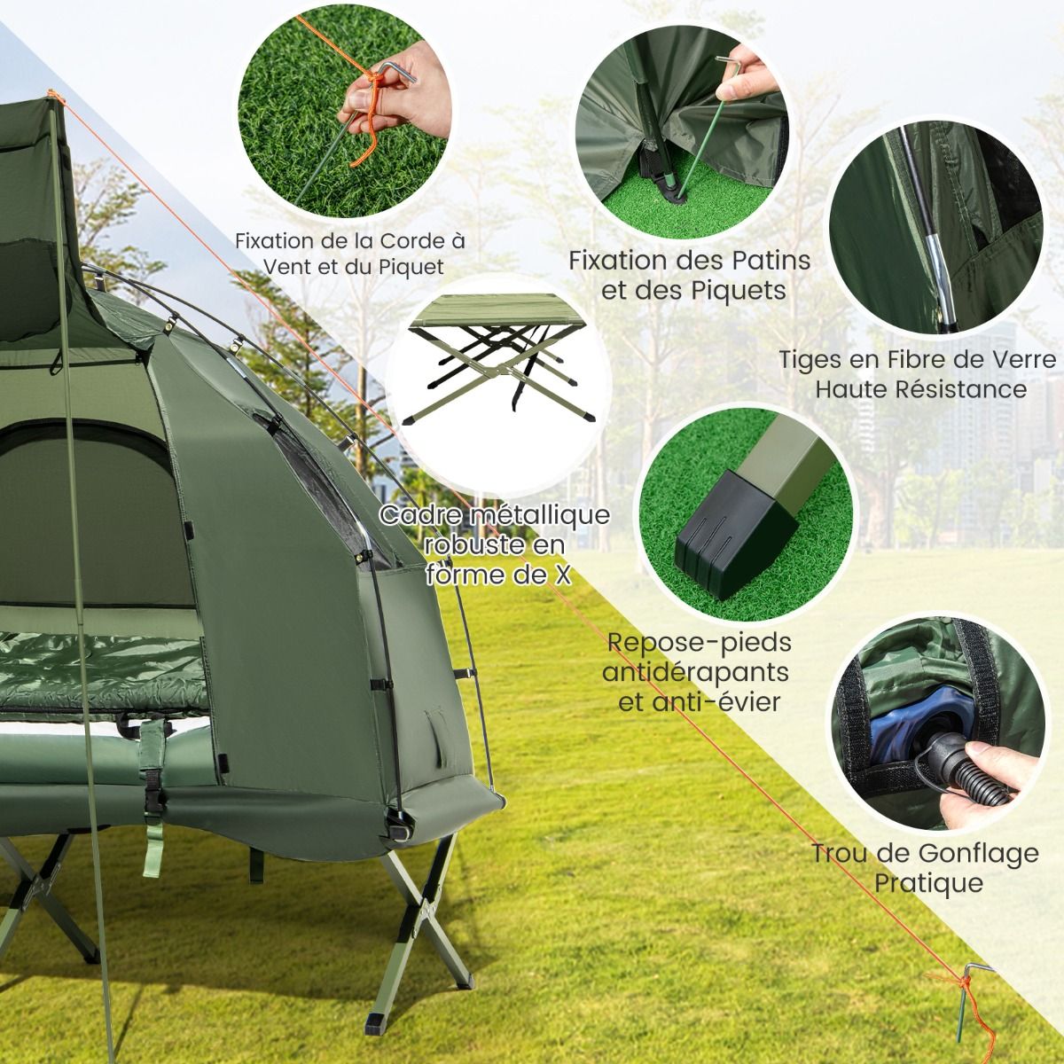 Tente de Camping avec Lit pour 1 Personne Lit de Camping Pliant 5 en 1 avec Matelas Pneumatique Oreiller Sac de Couchage Tente Surleve tanche -