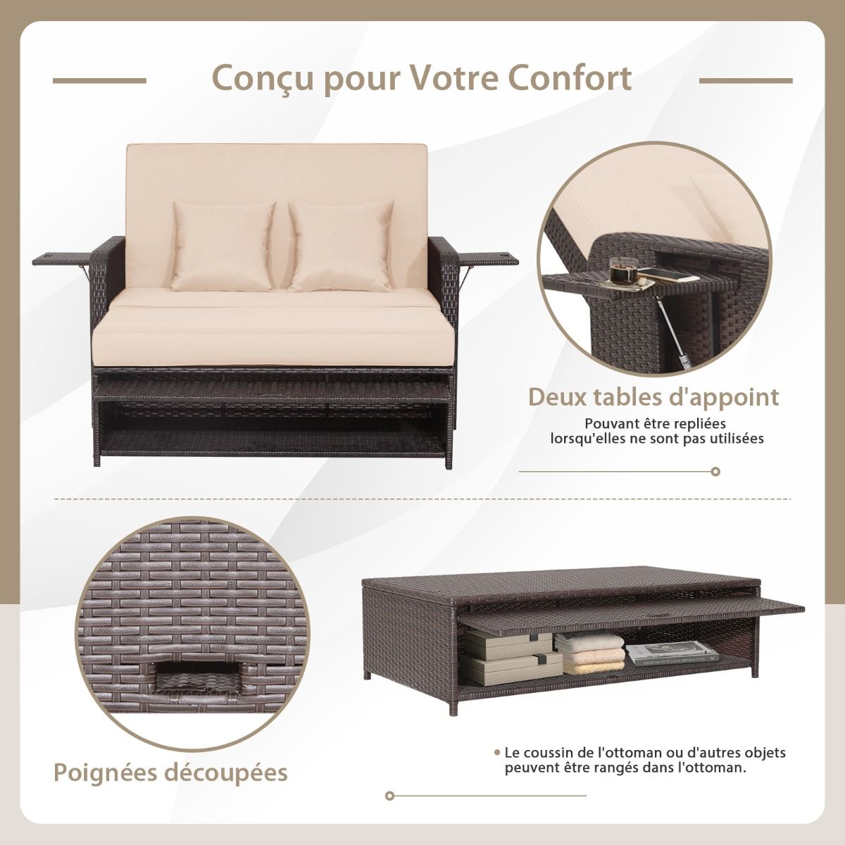 Salon de Jardin Extrieur Ajustable  Lit,2 Place avec Stockage Cach,Dossier Rglable  4 Niveaux en Rotin PE -