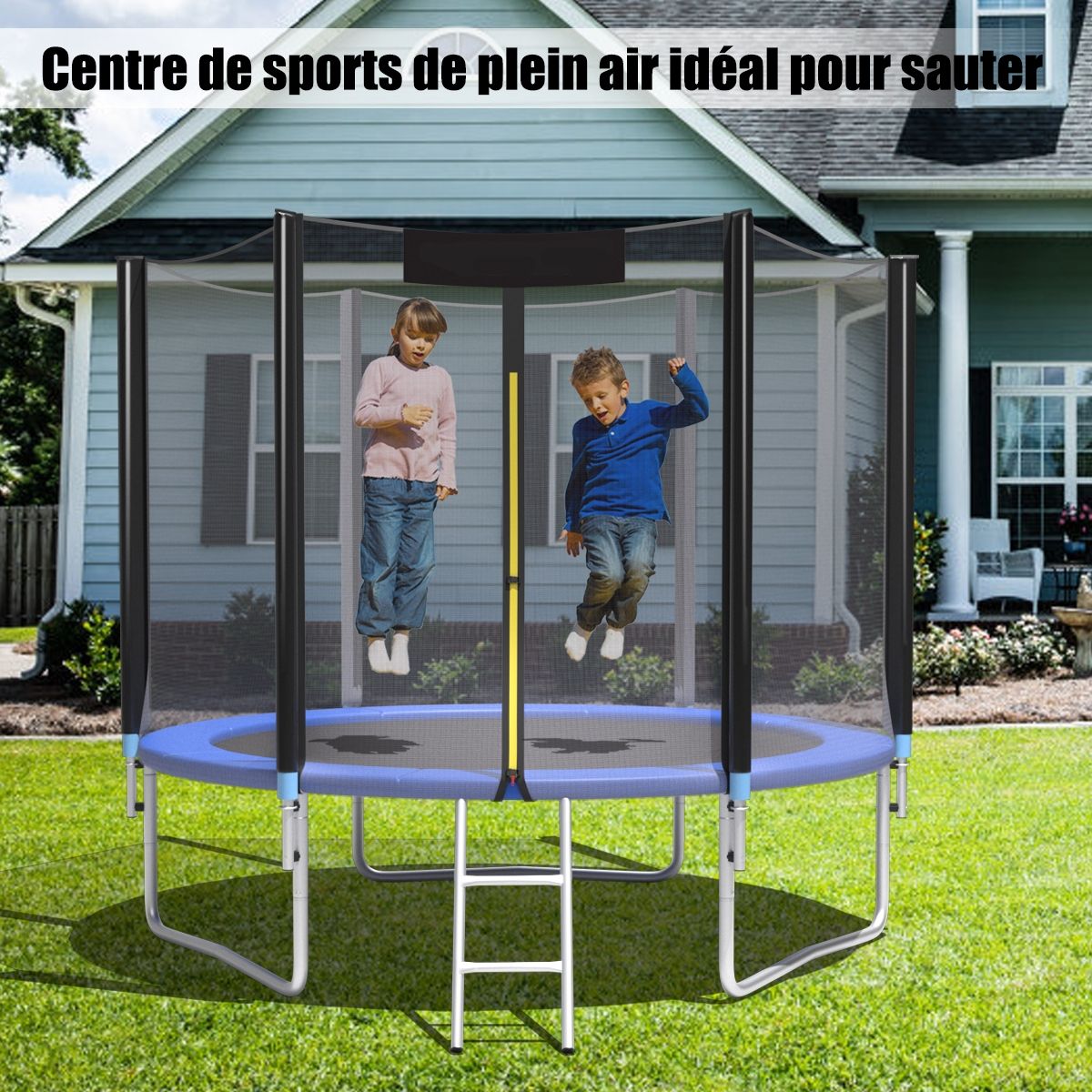Trampoline de Jardin Ø 305cm avec Filet de Sécurité Porte Entrée Echelle Noir et Bleu -
