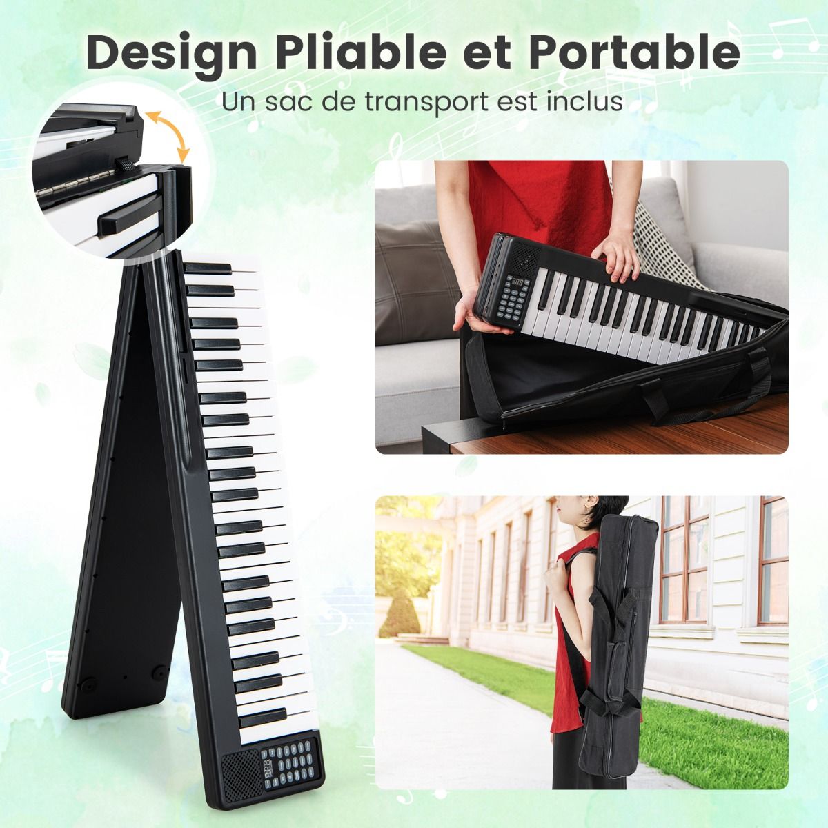 Piano Numérique Pliable à 88 Touches avec Fonction Bluetooth MIDI Clavier Électronique Portable avec Pédale de Sustain Sac de Transport -