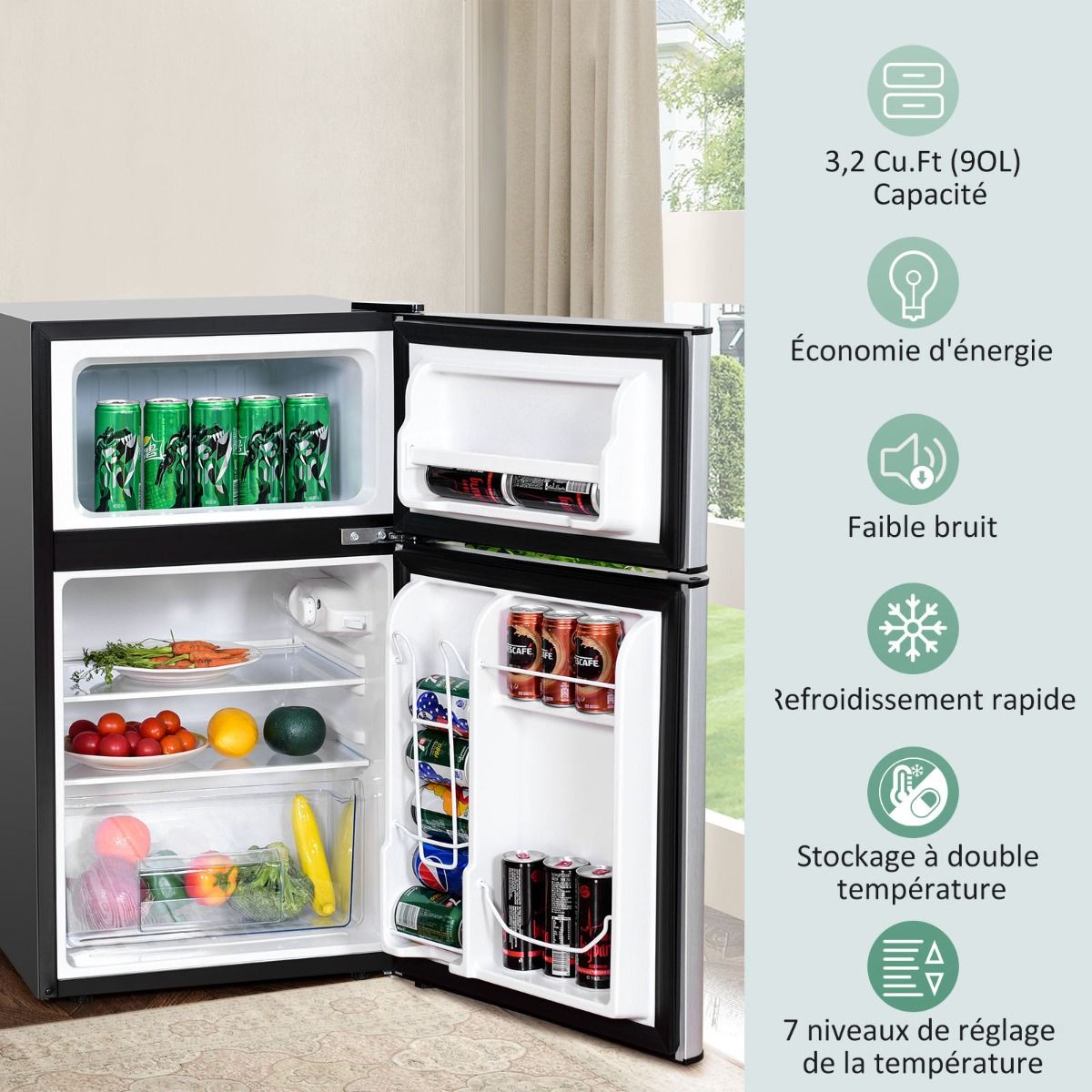 Rfrigrateur Compact Mini-rfrigrateur 90 L Conglateur Spar avec Design  2 Portes Fonctionnement Silencieux Blanc/Gris/Noir -