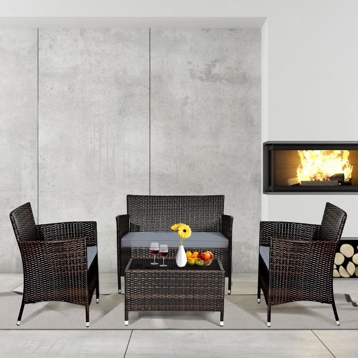Salon de Jardin 4 PCS Mobilier de Terrasse en Rotin PE pour Vranda Patio Terrasse Piscine Marron et Gris -