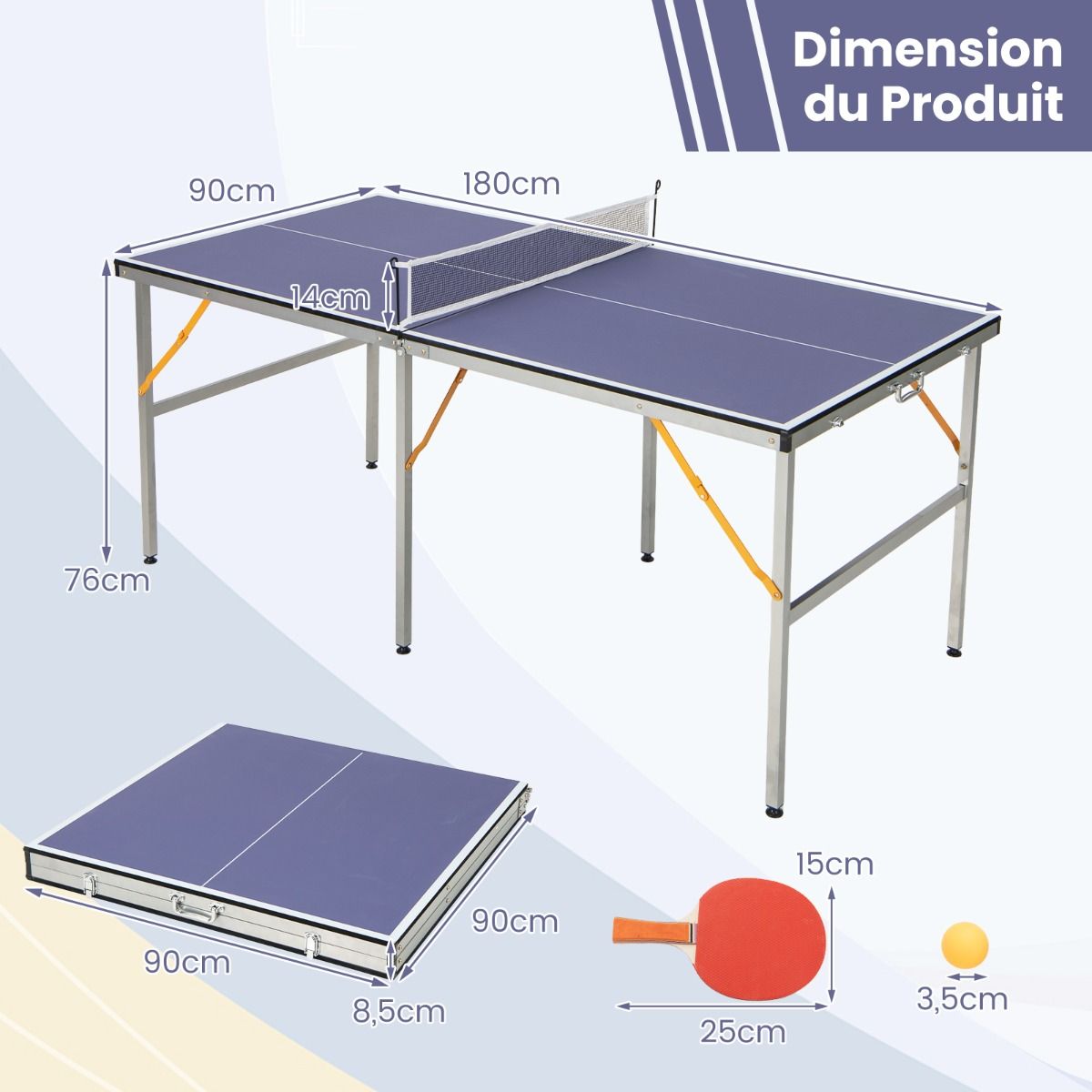 Table de Ping-Pong Pliable Peu Encombrante avec Filet Tennis de Table avec 2 Raquettes 3 Balle Pieds Réglables 180 x 90 x 76 cm -