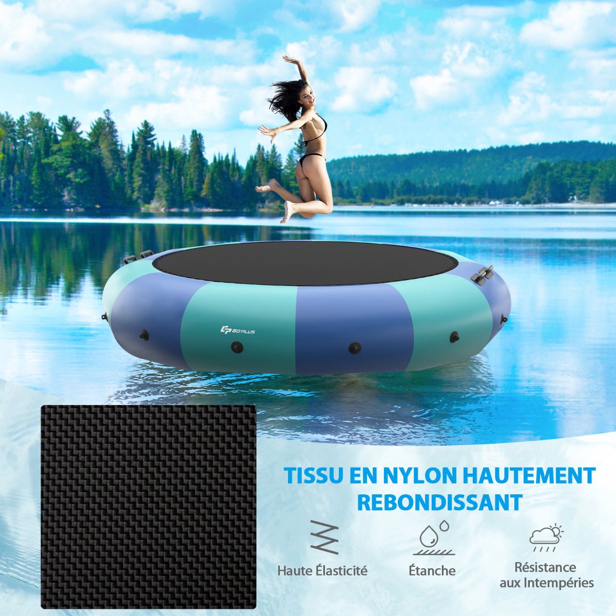 Trampoline Aquatique Gonflable Dia.457cm Capacité de 150kg avec Kit de Réparation Echelle et Gonfleur Electrique 500w Bleu -