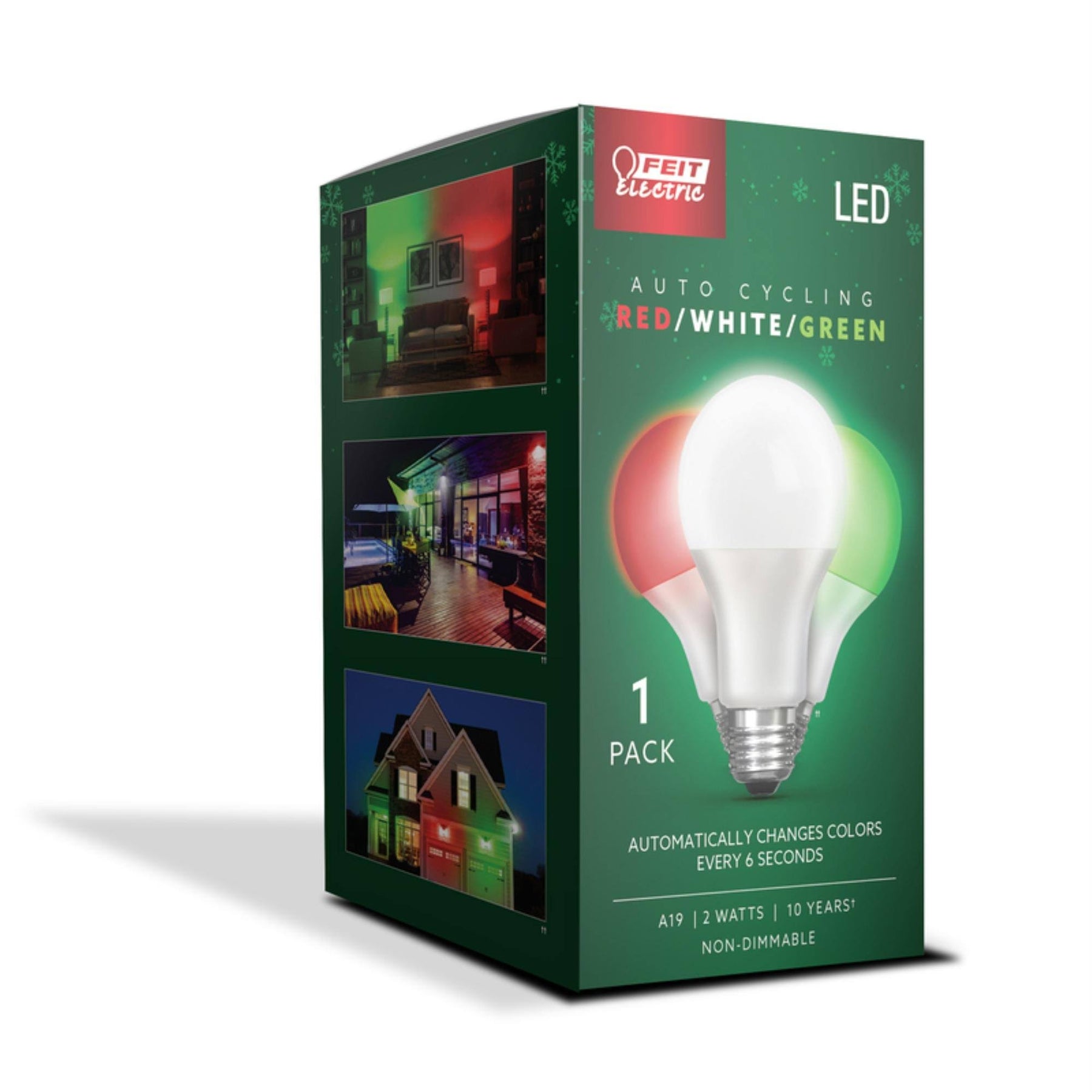 Feit Electric A19 E26 (Medium) Auto Cycling LED Bulb Green/Red/White 2 W 1 Pk
